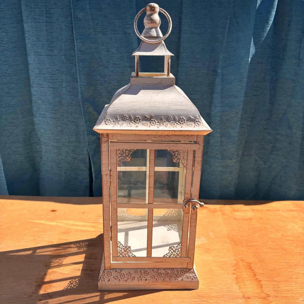 Pier 1 Imports Distressed White Metal Floral Candle Lantern 17.5 Inch Rustic